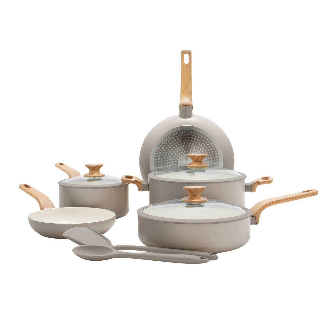 GreenPan Rio Essence Set Pentole 10 Pezzi Antiaderente Ceramica Thermolon™ Senza PFAS Induzione con Manici Effetto Legno e Coperchi in Vetro con Bordo Siliconato