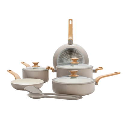 GreenPan Rio Essence Set Pentole 10 Pezzi Antiaderente Ceramica Thermolon™ Senza PFAS Induzione con Manici Effetto Legno e Coperchi in Vetro con Bordo Siliconato