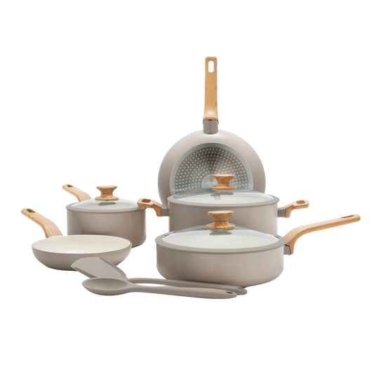 GreenPan Rio Essence Set Pentole 10 Pezzi Antiaderente Ceramica Thermolon™ Senza PFAS Induzione con Manici Effetto Legno e Coperchi in Vetro con Bordo Siliconato