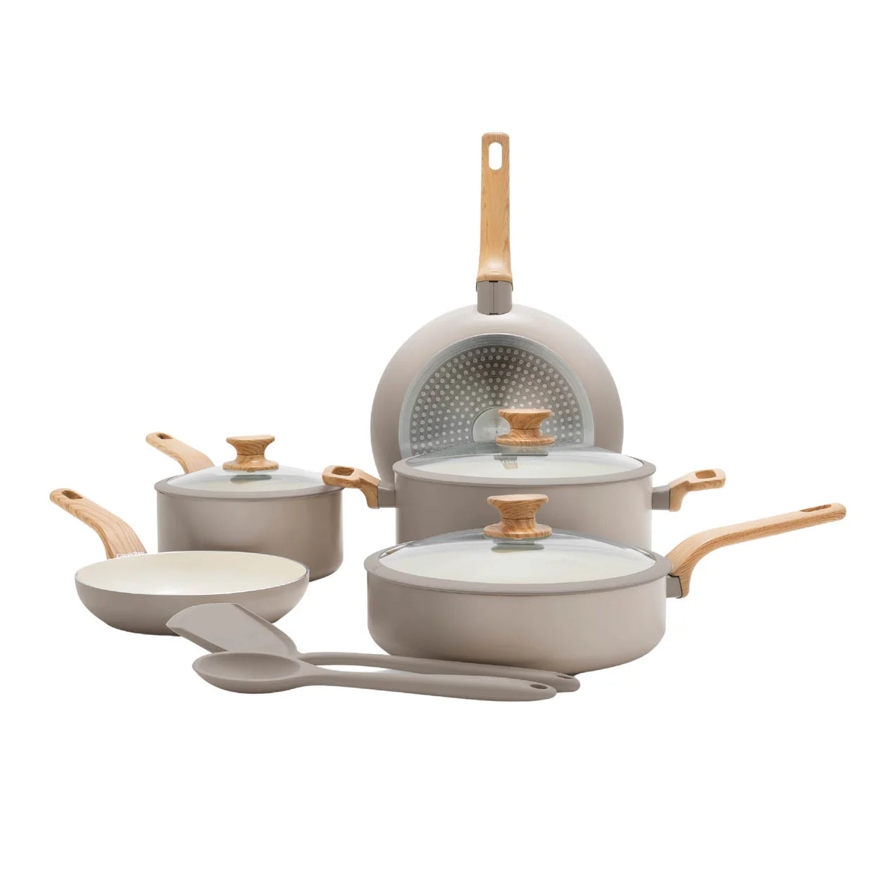 GreenPan Rio Essence Set Pentole 10 Pezzi Antiaderente Ceramica Thermolon™ Senza PFAS Induzione con Manici Effetto Legno e Coperchi in Vetro con Bordo Siliconato