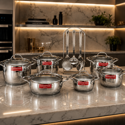 Batteria Lagostina Orchestra 19 Pezzi – Inox 18/10 – Triplo Fondo – Spessore 3 mm – Made in Italy