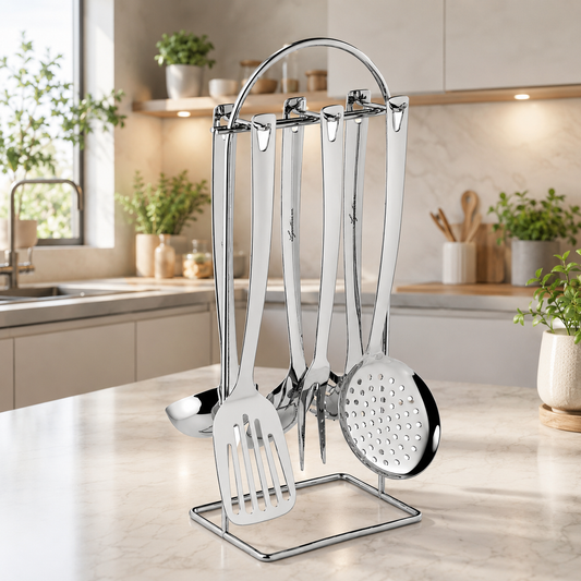 Lagostina Grancucina Set Mestoli con Porta Utensili – 7 Accessori in Acciaio Inox 18/10