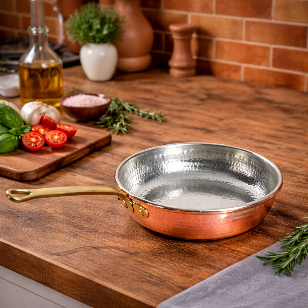 Copper Frying Pan 1 Handle Brass Professional Tinned Made in Italy