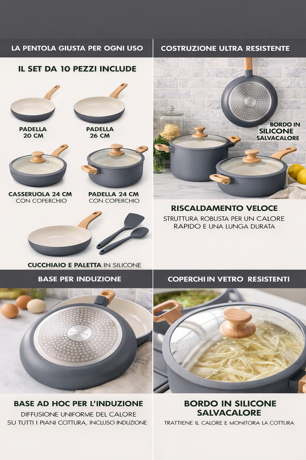 GreenPan Rio Essence Set Pentole 10 Pezzi Antiaderente Ceramica Thermolon™ Senza PFAS Induzione con Manici Effetto Legno e Coperchi in Vetro con Bordo Siliconato