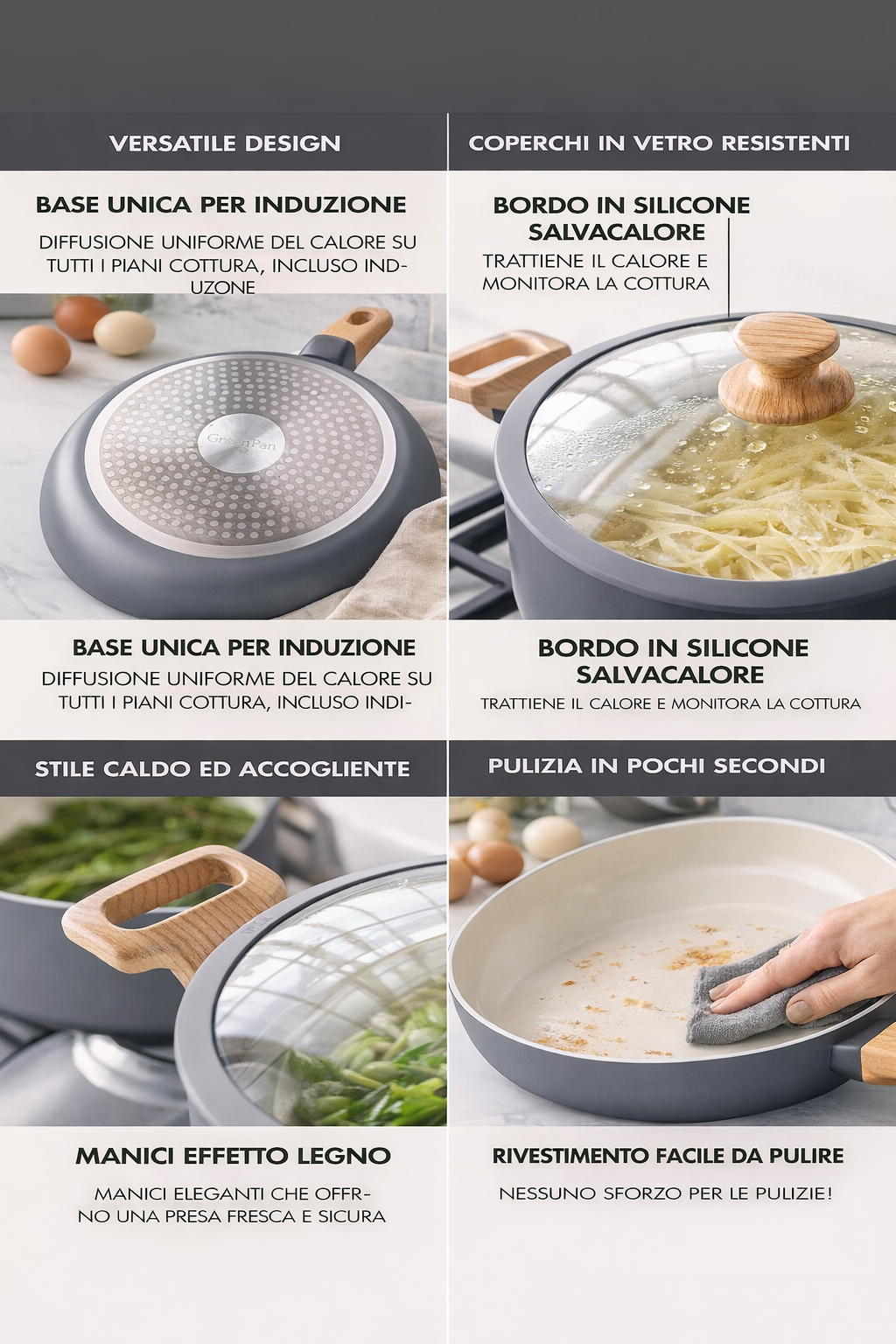 GreenPan Rio Essence Set Pentole 10 Pezzi Antiaderente Ceramica Thermolon™ Senza PFAS Induzione con Manici Effetto Legno e Coperchi in Vetro con Bordo Siliconato