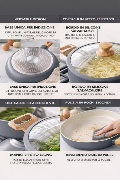 GreenPan Rio Essence Set Pentole 10 Pezzi Antiaderente Ceramica Thermolon™ Senza PFAS Induzione con Manici Effetto Legno e Coperchi in Vetro con Bordo Siliconato