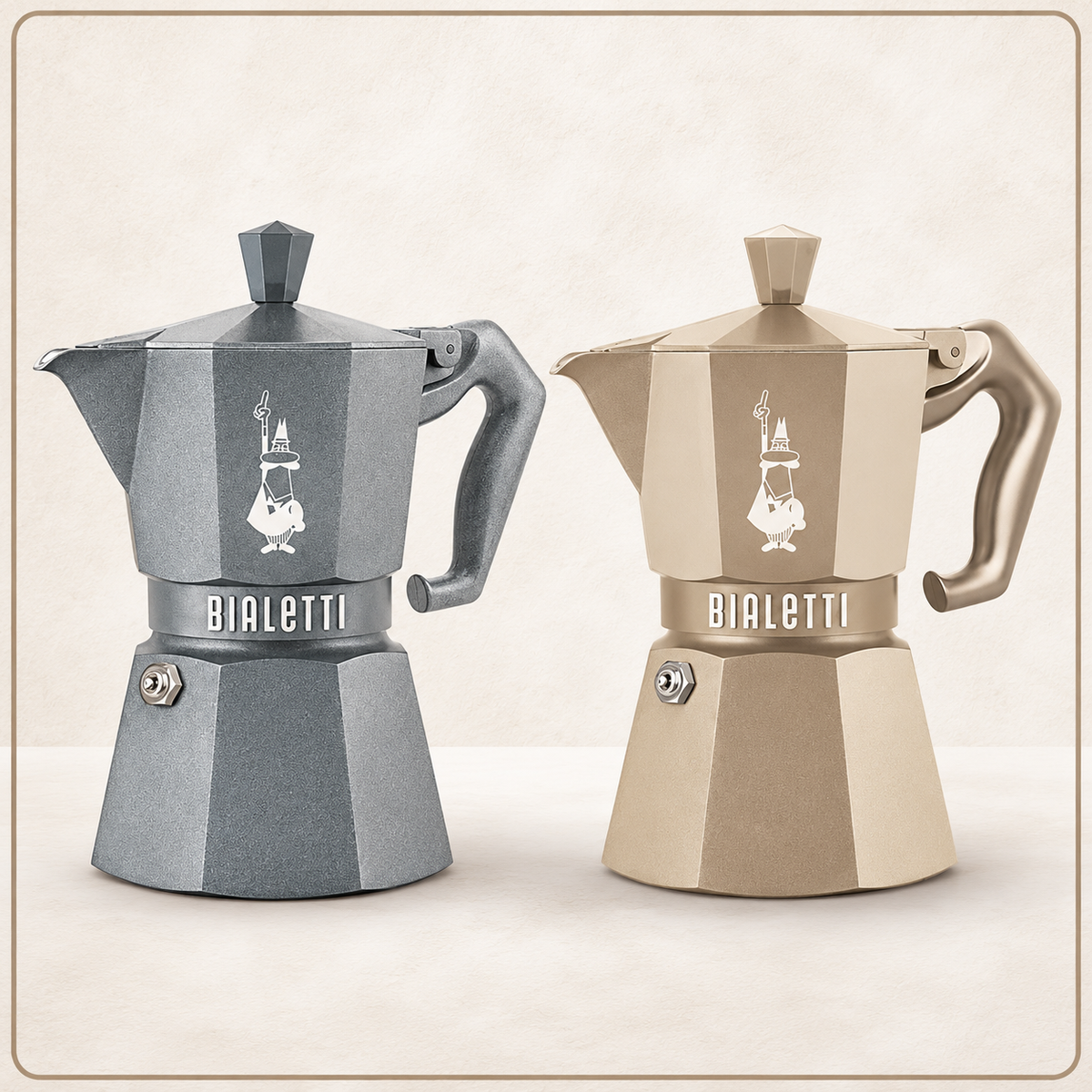 Bialetti Moka Exclusive Octagonal Induction 3 Tazze – Caffettiera Made in Italy in Alluminio e Acciaio per Induzione e Gas – Colori Desert Sand e Silver Grey