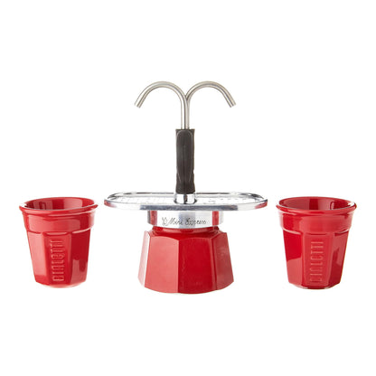 Bialetti Mini Express Rossa 2 Tazze – Caffettiera Moka in Alluminio con Erogazione Diretta e 2 Tazzine Incluse – Set Regalo Originale Bialetti per Gas, No Induzione