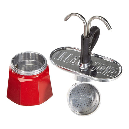 Bialetti Mini Express Rossa 2 Tazze – Caffettiera Moka in Alluminio con Erogazione Diretta e 2 Tazzine Incluse – Set Regalo Originale Bialetti per Gas, No Induzione
