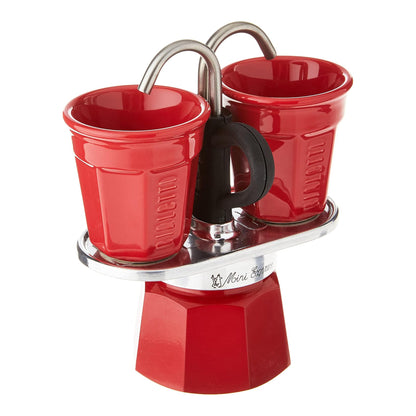 Bialetti Mini Express Rossa 2 Tazze – Caffettiera Moka in Alluminio con Erogazione Diretta e 2 Tazzine Incluse – Set Regalo Originale Bialetti per Gas, No Induzione