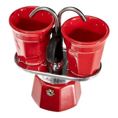Bialetti Mini Express Rossa 2 Tazze – Caffettiera Moka in Alluminio con Erogazione Diretta e 2 Tazzine Incluse – Set Regalo Originale Bialetti per Gas, No Induzione
