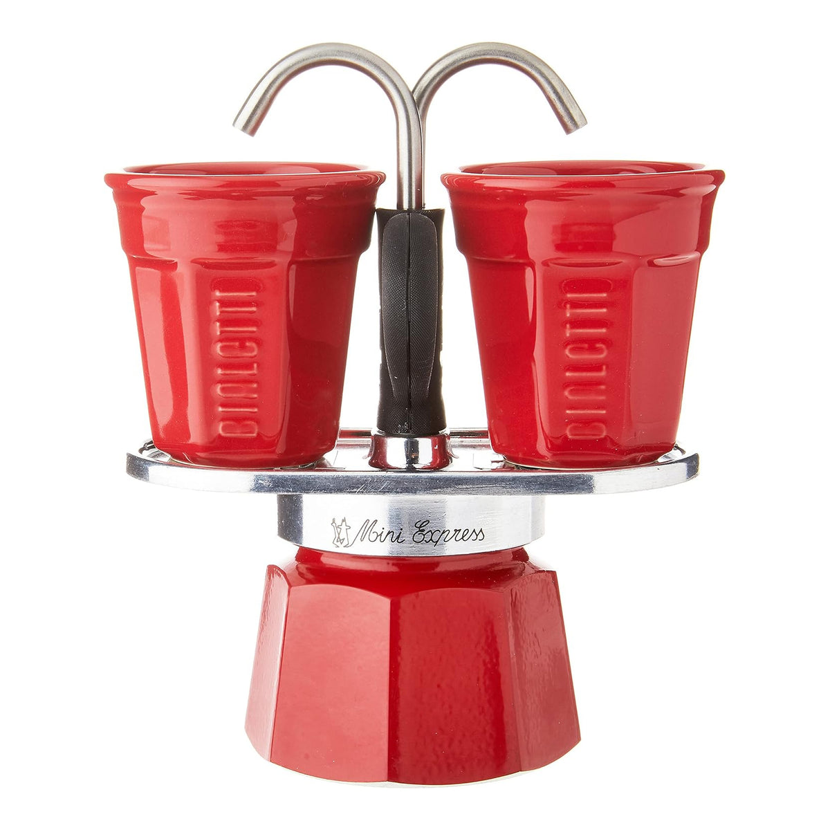 Bialetti Mini Express Rossa 2 Tazze – Caffettiera Moka in Alluminio con Erogazione Diretta e 2 Tazzine Incluse – Set Regalo Originale Bialetti per Gas, No Induzione