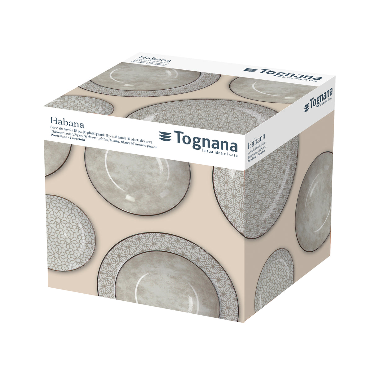 Tognana Servizio Tavola Madison Habana 18 Pezzi in Porcellana – Set Piatti 6 Persone Tortora Beige-Grigio con Decori Geometrici