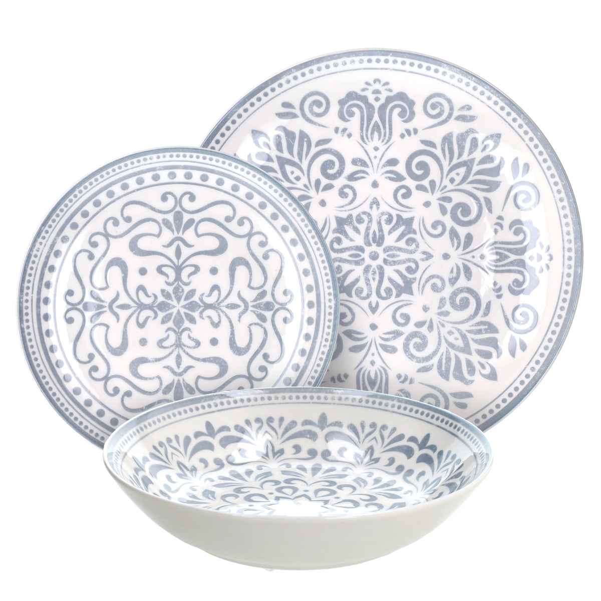 Tognana Servizio Tavola Madison Arabesque 18 Pezzi in Porcellana – Set Piatti 6 Persone Grigio e Bianco Adatto a Lavastoviglie e Microonde