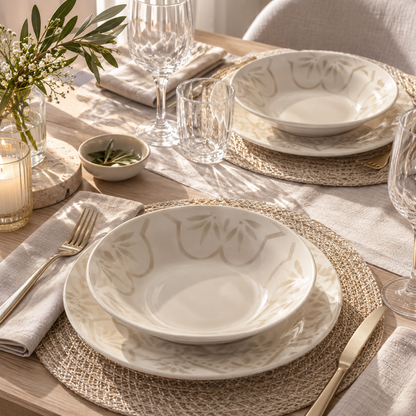Tognana Servizio Tavola Vela Dahlia Ivory 18 Pezzi in Stoneware – Set Piatti 6 Persone Bianco Avorio con 2 Disegni Geometrici Coordinati