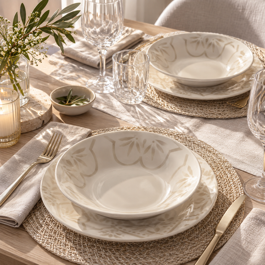 Tognana Servizio Tavola Vela Dahlia Ivory 18 Pezzi in Stoneware – Set Piatti 6 Persone Bianco Avorio con 2 Disegni Geometrici Coordinati