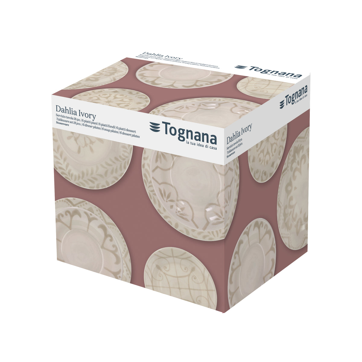 Tognana Servizio Tavola Vela Dahlia Ivory 18 Pezzi in Stoneware – Set Piatti 6 Persone Bianco Avorio con 2 Disegni Geometrici Coordinati