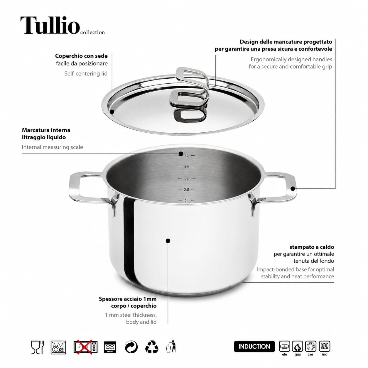 Serafino Zani Batteria Pentole Tullio 14 Pezzi in Acciaio Inox 18/10 anche per Induzione