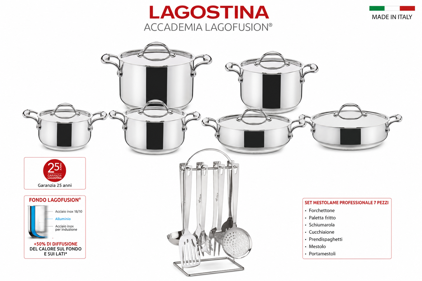 Batteria Lagostina Accademia Lagofusion 19 Pezzi – Inox 18/10 – Fondo Lagofusion® – Made in Italy