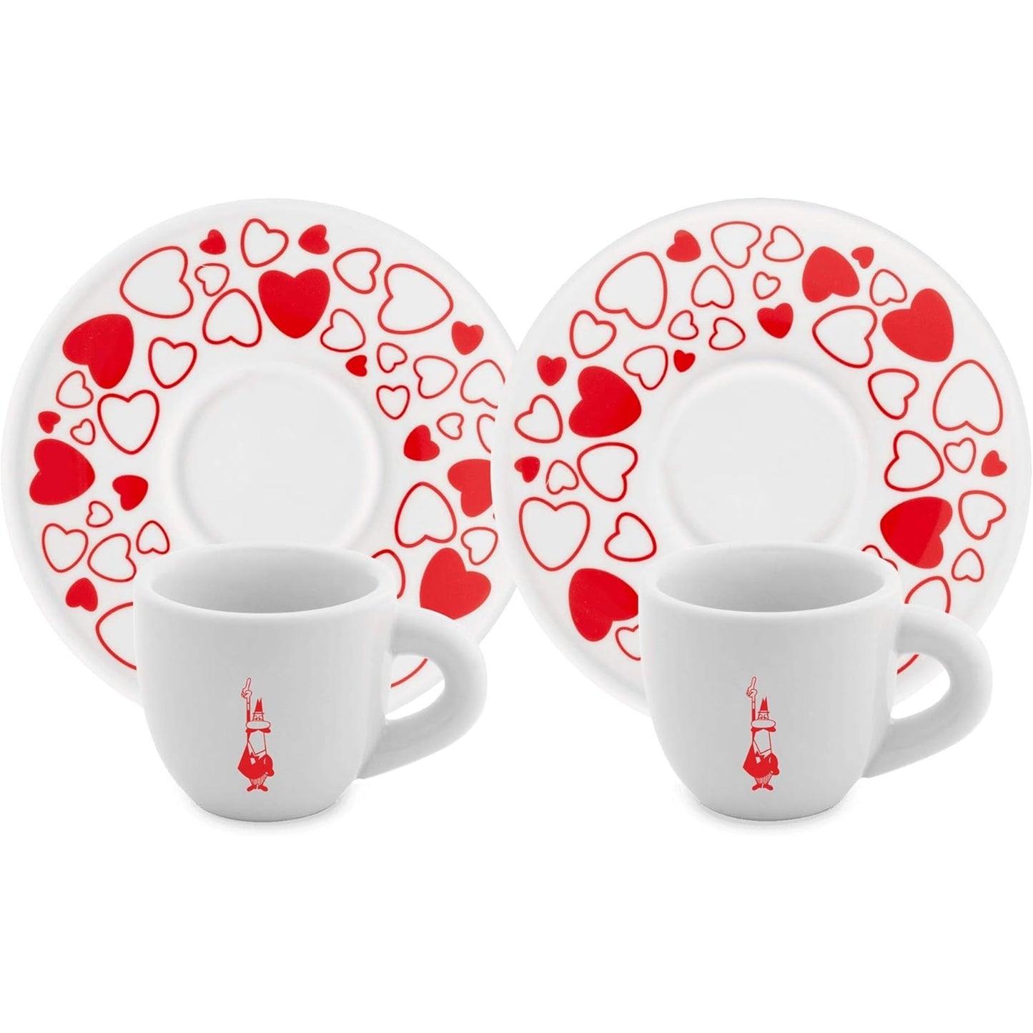 Bialetti Set 2 Tazzine Moka Cuore con Piattini – Tazzine Espresso in Porcellana Rosso Bianco