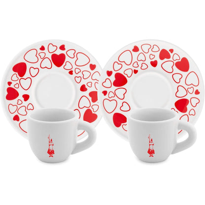 Bialetti Set 2 Tazzine Moka Cuore con Piattini – Tazzine Espresso in Porcellana Rosso Bianco