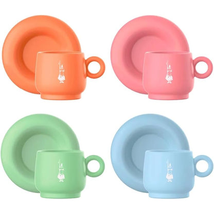 Bialetti Set 4 Tazzine Espresso con Piattino – Mercato della Frutta, Porcellana Colorata Pastello, Servizio Caffè Elegante Design Italiano