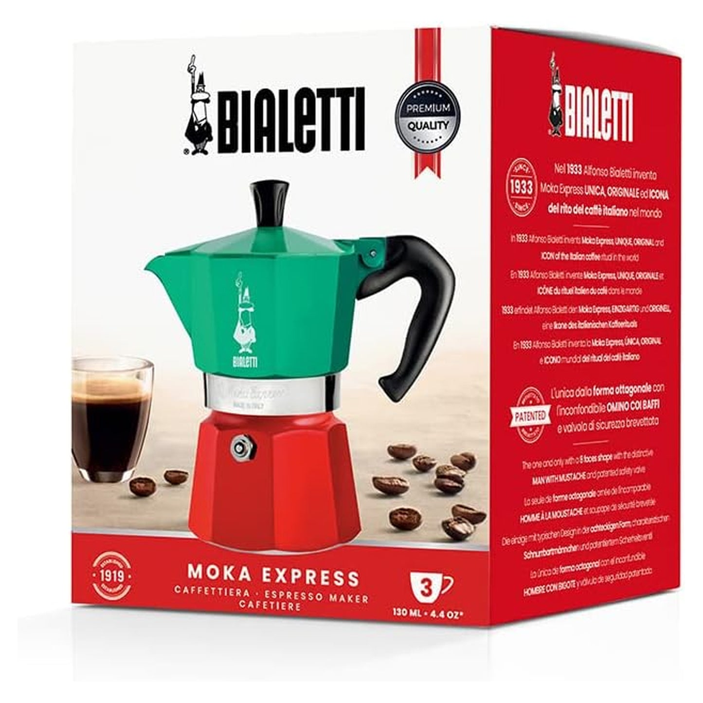Bialetti Caffettiera Moka Express Tricolore 3 Tazze Originale Made In Italy Manico Anti Scottatura