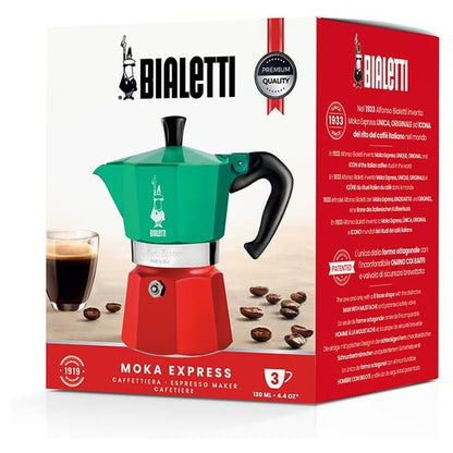 Bialetti Caffettiera Moka Express Tricolore 3 Tazze Originale Made In Italy Manico Anti Scottatura