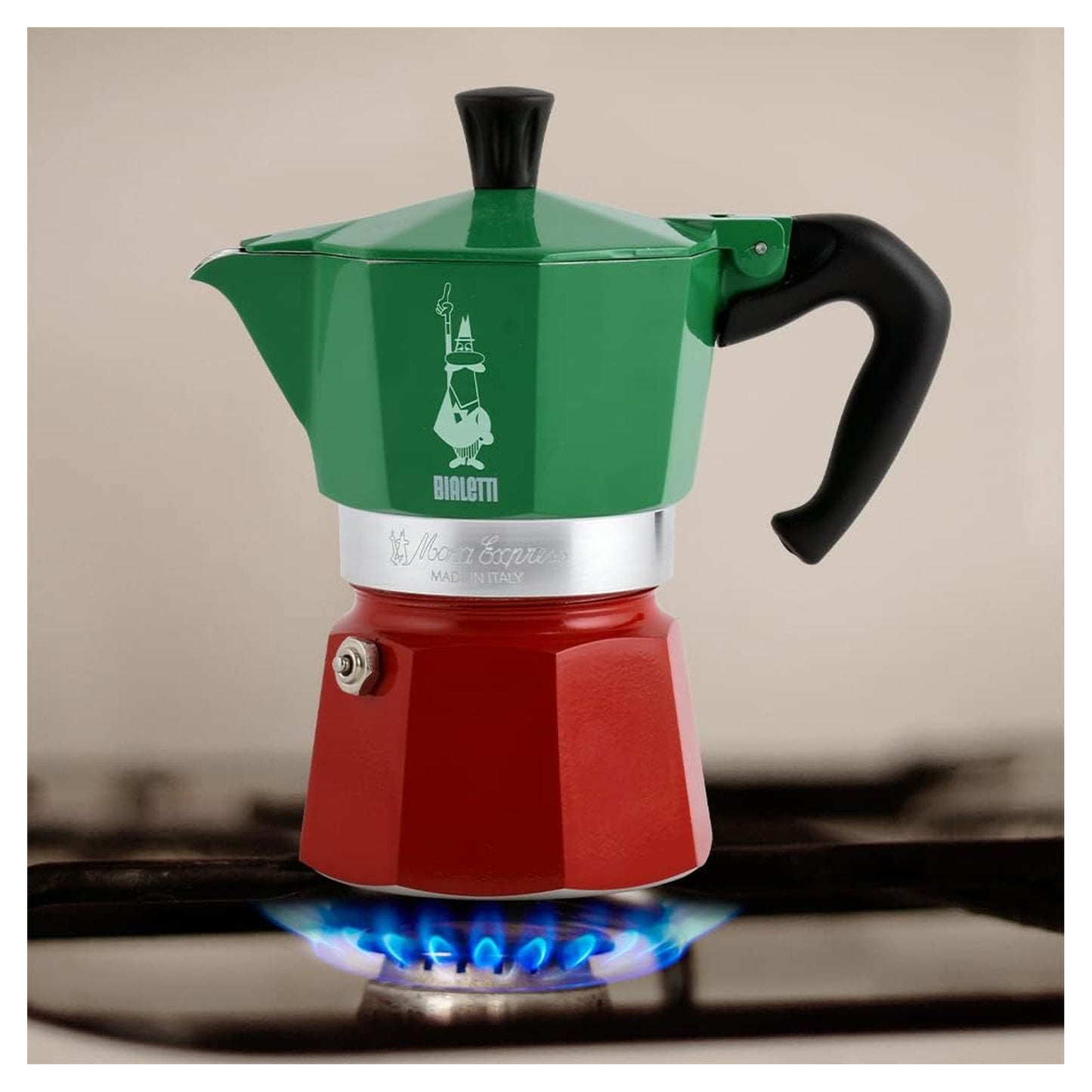 Bialetti Caffettiera Moka Express Tricolore 3 Tazze Originale Made In Italy Manico Anti Scottatura