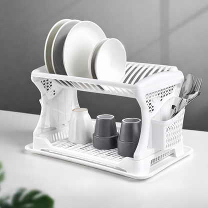 DÜNYA Scolapiatti Doppio 2 Livelli 46 cm con Vaschetta Raccogligocce BPA Free – Organizer Piatti in Plastica Bianca