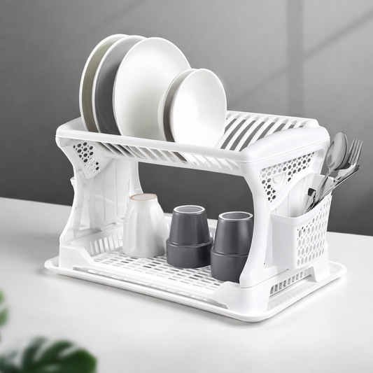 DÜNYA Scolapiatti Doppio 2 Livelli 46 cm con Vaschetta Raccogligocce BPA Free – Organizer Piatti in Plastica Bianca