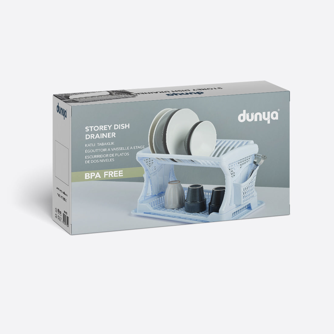 DÜNYA Scolapiatti Doppio 2 Livelli 46 cm con Vaschetta Raccogligocce BPA Free – Organizer Piatti in Plastica Bianca