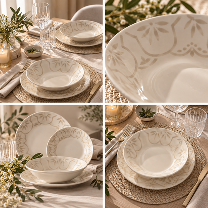 Tognana Servizio Tavola Vela Dahlia Ivory 18 Pezzi in Stoneware – Set Piatti 6 Persone Bianco Avorio con 2 Disegni Geometrici Coordinati