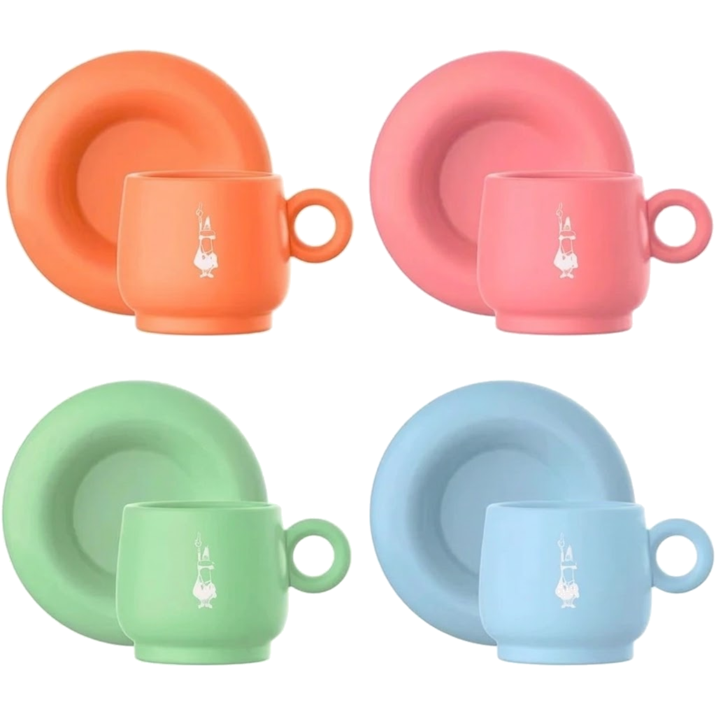 Bialetti Set 4 Tazzine Espresso con Piattino – Mercato della Frutta, Porcellana Colorata Pastello, Servizio Caffè Elegante Design Italiano