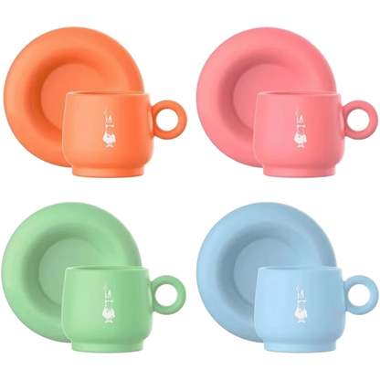 Bialetti Set 4 Tazzine Espresso con Piattino – Mercato della Frutta, Porcellana Colorata Pastello, Servizio Caffè Elegante Design Italiano