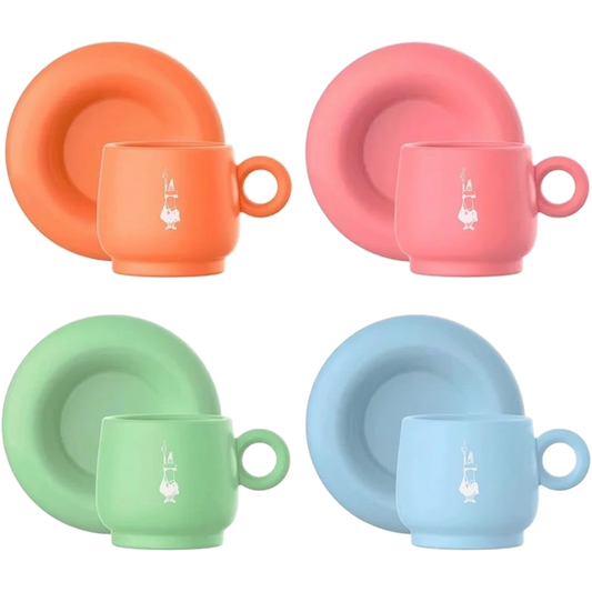 Bialetti Set 4 Tazzine Espresso con Piattino – Mercato della Frutta, Porcellana Colorata Pastello, Servizio Caffè Elegante Design Italiano