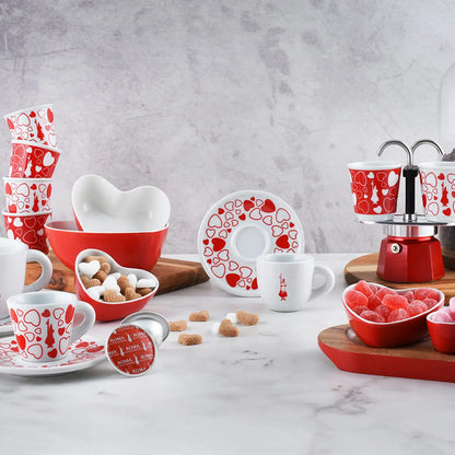 Bialetti Mini Express Cuore 2 Tazze Moka – Caffettiera con Tazzine Incluse, Set Regalo Coppia, Alluminio Originale, Gas No Induzione