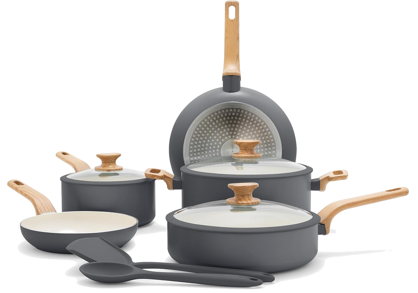 GreenPan Rio Essence Set Pentole 10 Pezzi Antiaderente Ceramica Thermolon™ Senza PFAS Induzione con Manici Effetto Legno e Coperchi in Vetro con Bordo Siliconato