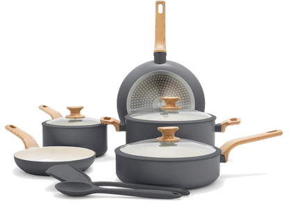 GreenPan Rio Essence Set Pentole 10 Pezzi Antiaderente Ceramica Thermolon™ Senza PFAS Induzione con Manici Effetto Legno e Coperchi in Vetro con Bordo Siliconato