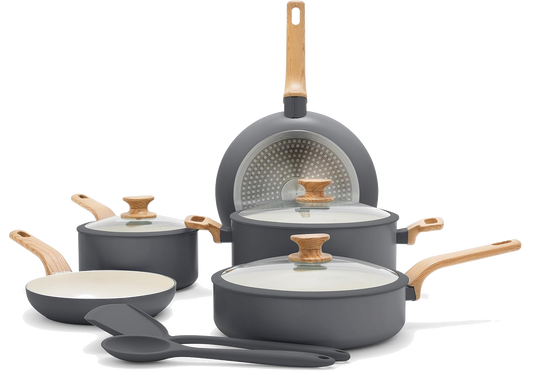 GreenPan Rio Essence Set Pentole 10 Pezzi Antiaderente Ceramica Thermolon™ Senza PFAS Induzione con Manici Effetto Legno e Coperchi in Vetro con Bordo Siliconato