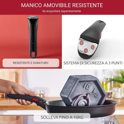 Lagostina Ingenio Induction Manico Rimovibile Resistente fino a 10 kg, Fissaggio Sicuro a 3 Punti, Design Ergonomico, in Plastica e Acciaio, Nero