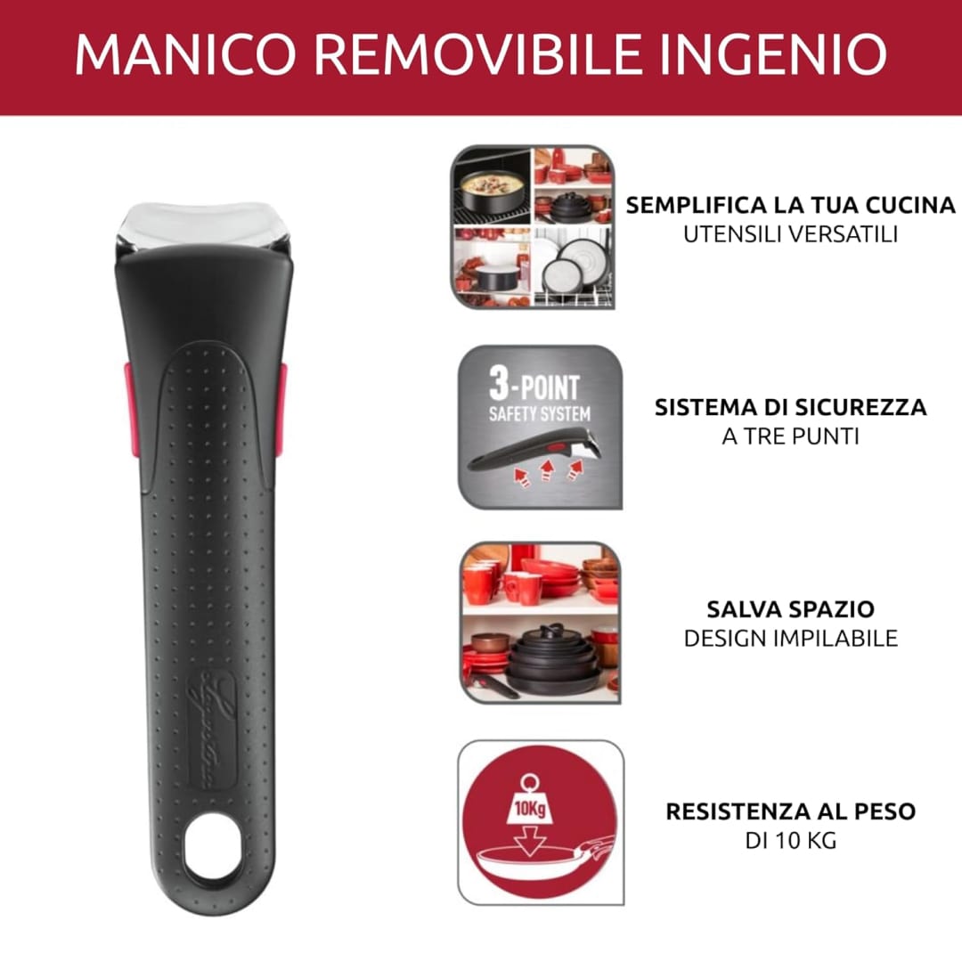 Lagostina Ingenio Induction Manico Rimovibile Resistente fino a 10 kg, Fissaggio Sicuro a 3 Punti, Design Ergonomico, in Plastica e Acciaio, Nero