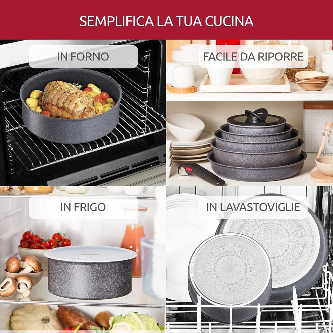 Lagostina Ingenio Mineral Green Induction 5 Piece Set with Removable Handle, 3 Frying Pans Ø 22, 24 and 28 cm, 1 Wok Ø 28 cm CONVENIENCE FORMAT