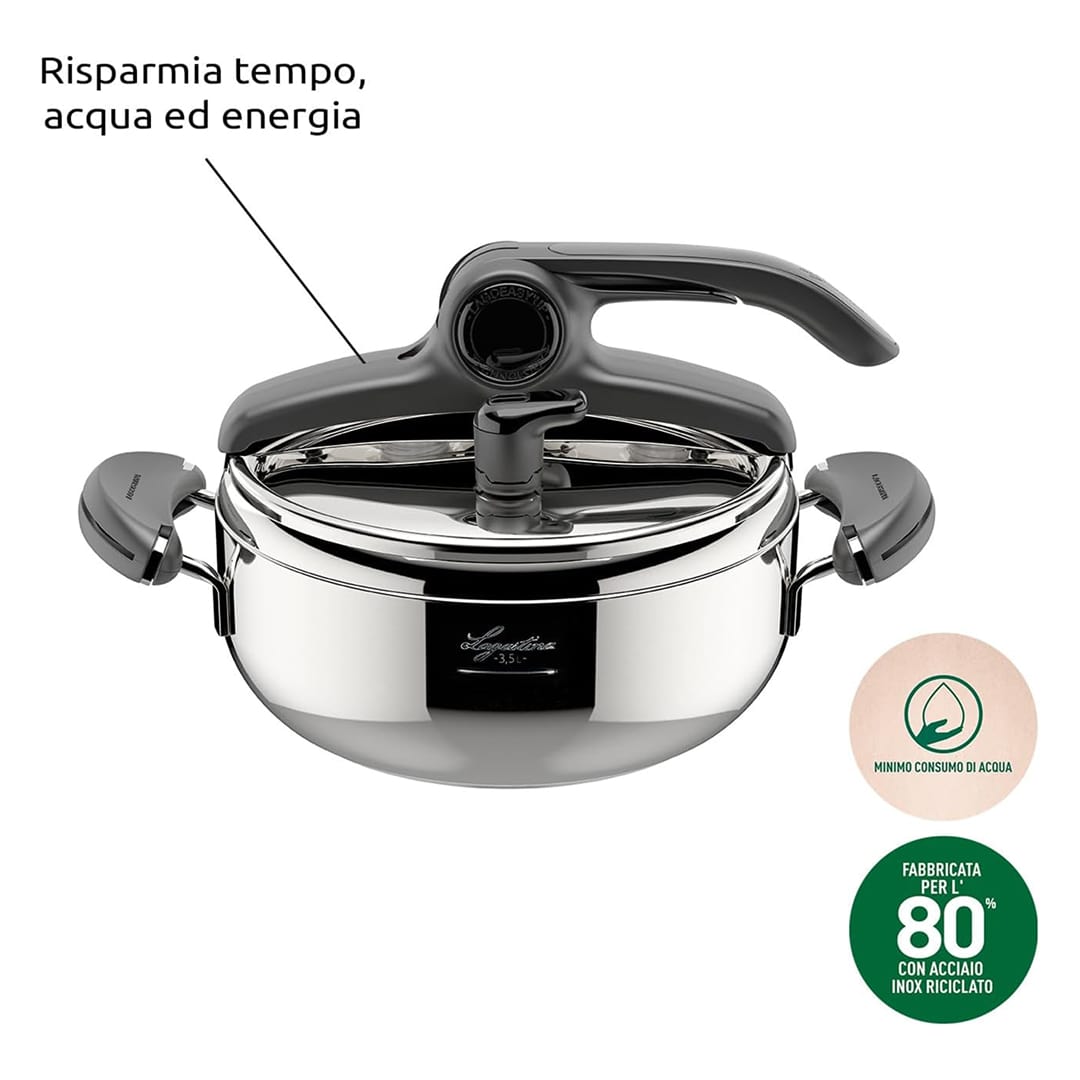 Lagostina Mia Lagoeasy'UP Pentola a Pressione 3.5L in Acciaio Inox 18/10 Ø 22 cm, Pentola Induzione e Gas, Coperchio con Apertura Facilitata, Fondo a tre Strati, Lavabile in Lavastoviglie