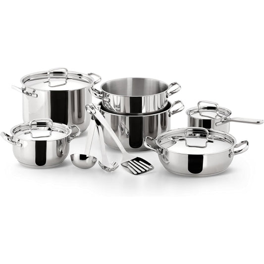 Lagostina Sfiziosa Set of Induction, Gas and Oven Cookware in 18/10 Stainless Steel, 13 Pieces, Lagoseal Plus Triple Layer Base,