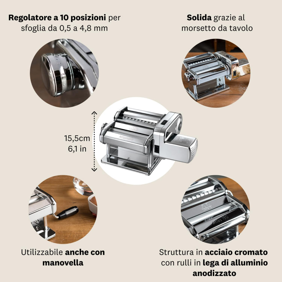 Marcato Atlas 150 Electric Pasta Machine + Atlasmotor Motor, Steel