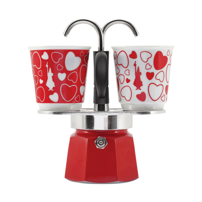 Bialetti Mini Express Cuore 2 Tazze Moka – Caffettiera con Tazzine Incluse, Set Regalo Coppia, Alluminio Originale, Gas No Induzione