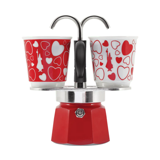 Bialetti Mini Express Cuore 2 Tazze Moka – Caffettiera con Tazzine Incluse, Set Regalo Coppia, Alluminio Originale, Gas No Induzione