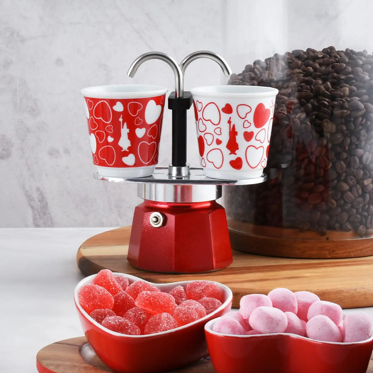 Bialetti Mini Express Cuore 2 Tazze Moka – Caffettiera con Tazzine Incluse, Set Regalo Coppia, Alluminio Originale, Gas No Induzione