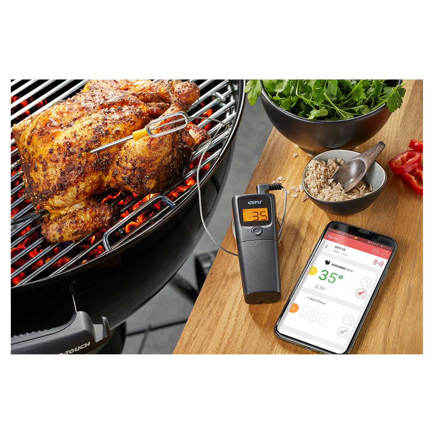 GEFU CONTROL Termometro Digitale per Barbecue e Cucina, Arrosti e Affumicatura con App Smartphone – Display LCD, Sonda ad Alta Precisione, Portata fino a 30 metri